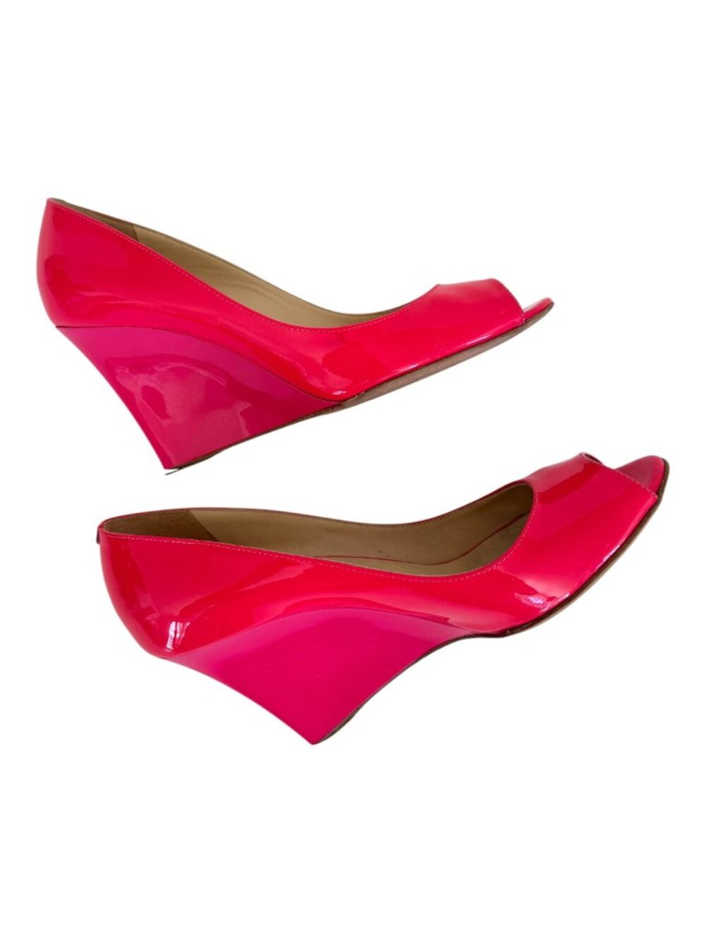 Jimmy Choo Neon Pink Patent Leather Peep Toe Wedge Heels Size 38.5